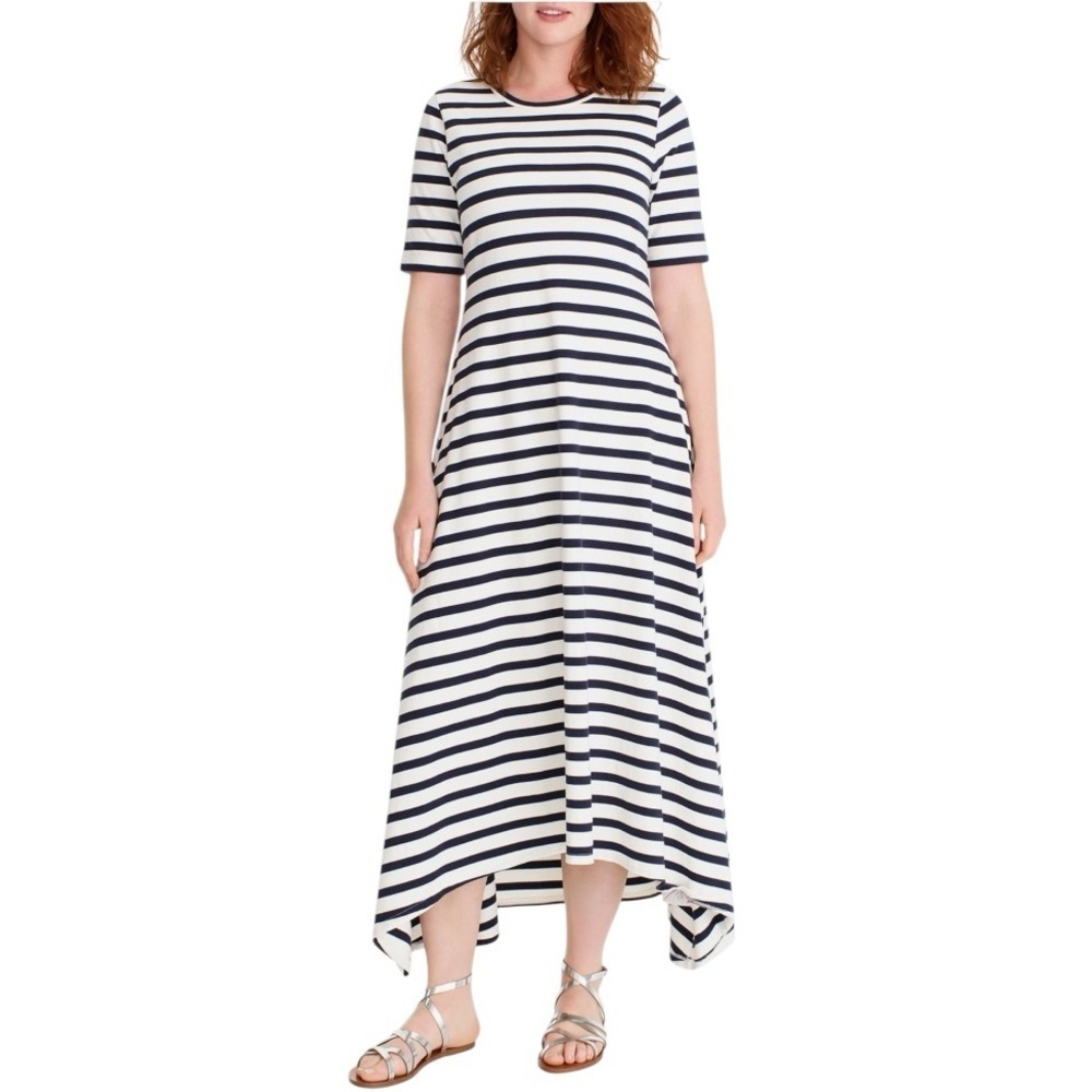 J. Crew‎ Striped Knit Handkerchief Hem Maxi Dress Ivory Navy Size XS Preppy
